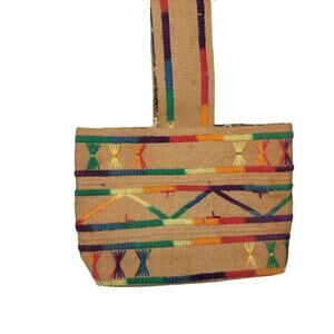 Vtg rainbow BOHO TOTE BEACH HIPPIE BAG WOOD & BURLAP EMBROIDERy purse top handle